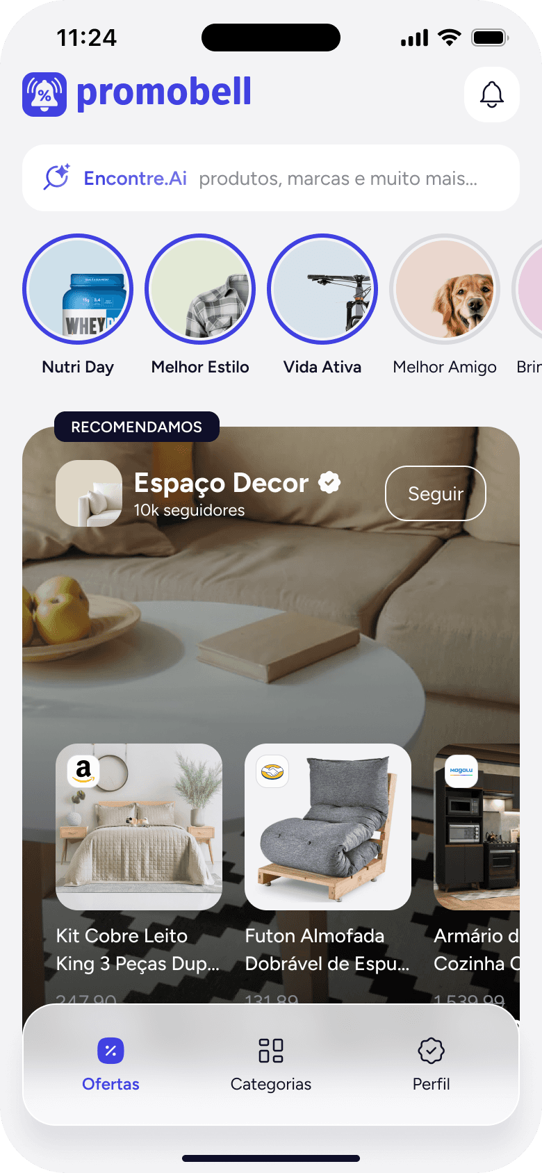 Aplicativo de ofertas da Promobell no celular mostrando promoções diárias